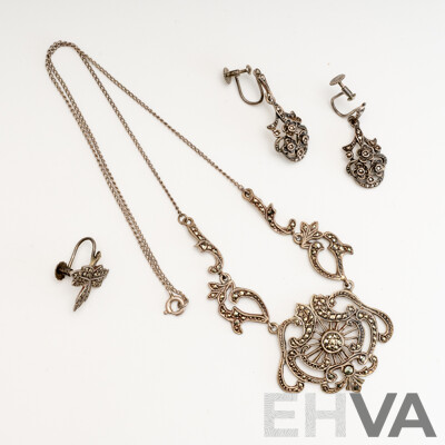 Vintage Art Deco Australian Lega Sterling Silver Marcasite Necklace, 43cm, with Complimenting Drop Earrings, 15.91 Grams