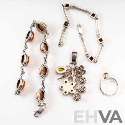 Vintage Sterling Silver Jewellery Set with Amber, Amethyst, Garnet & Peridot, 33.93 Grams