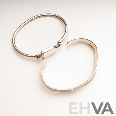 Sterling Silver Cuff with Square Hinged Clasp & Sterling Silver Open Cuff Concave Bangle, 33.91 Grams