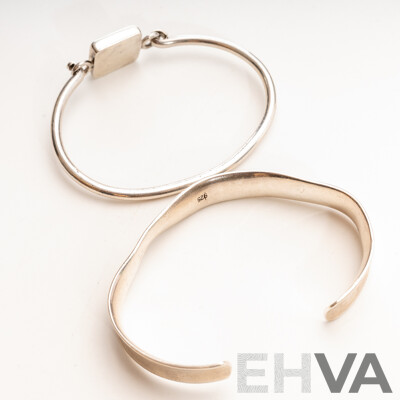 Sterling Silver Cuff with Square Hinged Clasp & Sterling Silver Open Cuff Concave Bangle, 33.91 Grams