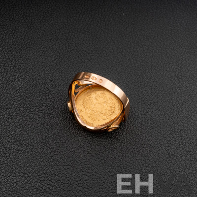 14ct Yellow Gold 5 Russian Roubles Tsar Nicholas 1901 Coin Ring, Size T, 9.42 Grams