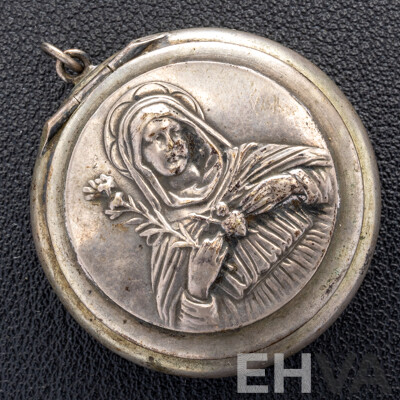 Antique Virgin Mary Deliquary Relic Container Locket Pendant in Sterling Silver (800), 7.45 Grams