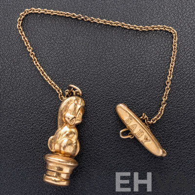 Vintage Rodd Baby Bar Brooch with Squirrel Pendant on Long Chain/dummy Holder - 9ct Lined