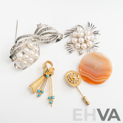 Collection of Vintage Brooches Including Sterling Cultured Pearl Brooches