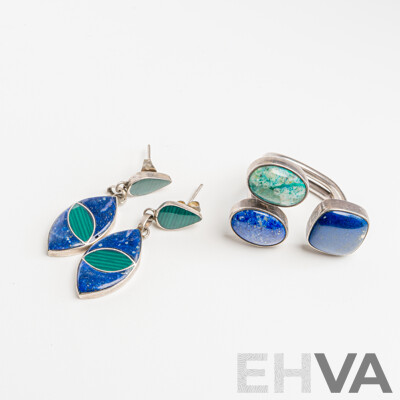 Vintage Sterling Silver Lapis Lazuli & Azurite Ring & SS Lapis Lazuli & Malachite Drop Stud Earrings (950), 17.82 Grams