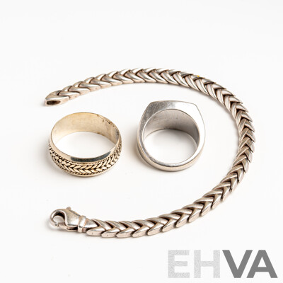 Vintage Sterling Silver Plat Bracelet, 19cm, Sterling Silver Plat Ring (Z) & SS Onyx Signet Ring (S), 37.25 Grams