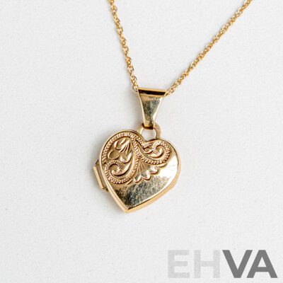 9ct Embossed Heart Shaped Locket, 10mm, on 10K Rope Twist Chain, 45cm, 1.13 Grams - as New