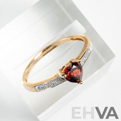 9ct Garnet & Diamond Set Heart Cut Ring, Size N, 1.54 Grams