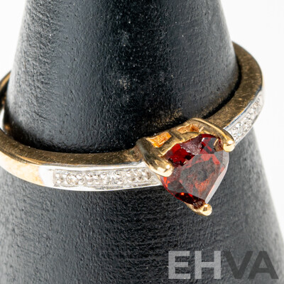 9ct Garnet & Diamond Set Heart Cut Ring, Size N, 1.54 Grams