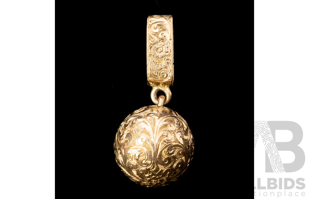 9ct Vintage Victorian Estruscan Revival Gold Ball Pendant, Hand Etched, 30mm Long, 3.27 Grams