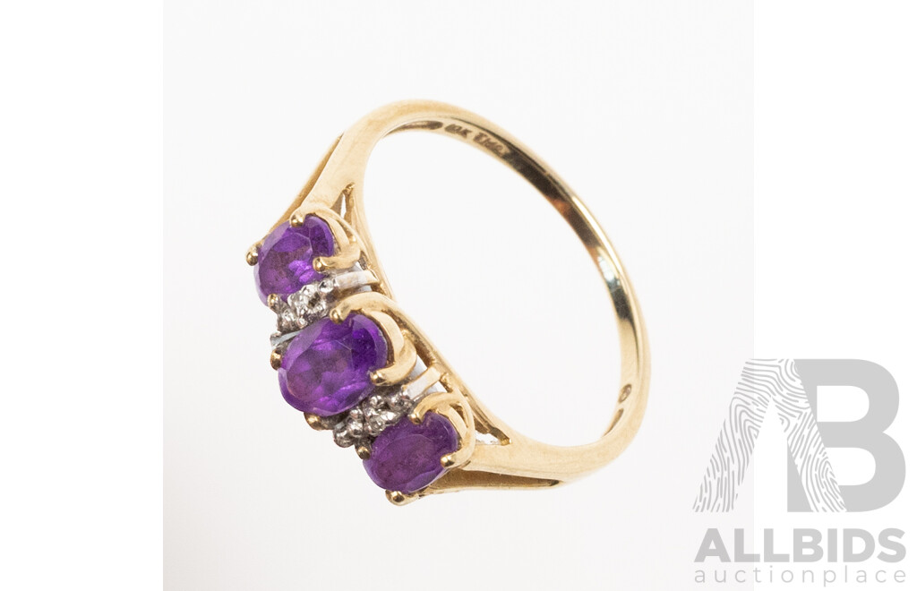 10ct Vintage Amethyst & Diamond Bridge Ring, TDW 0.02ct, Size N, 2.18 Grams