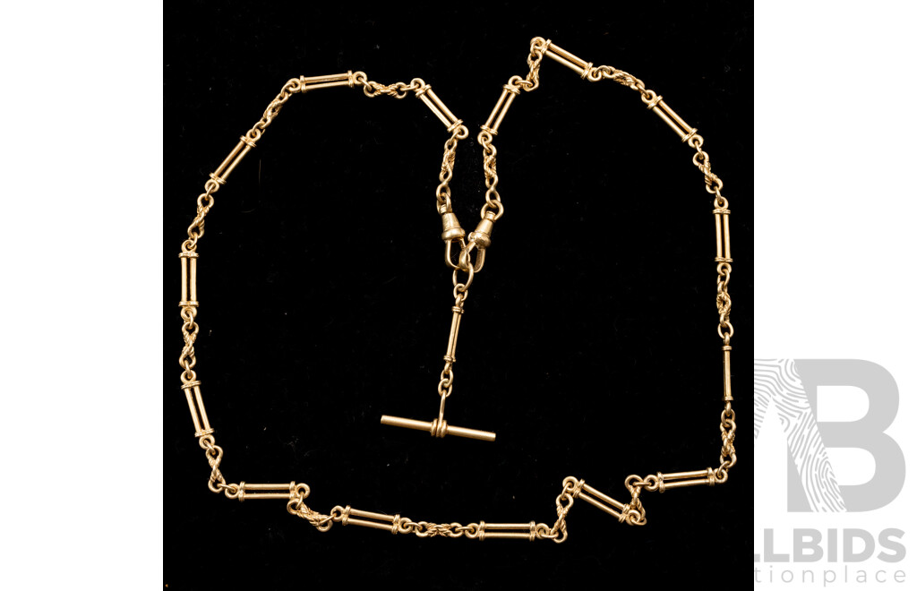 9ct Vintage Decorative Bar Link Fob Chain Necklace with T-Bar and Double Albert Swivel Clasps, 51cm, 20.05 Grams