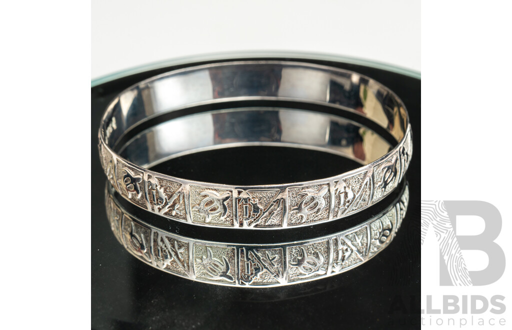 Sterling Silver Oval Embossed Patterned Bangle with Turtle & Monkey Design, 65mm, 20.07 Grams