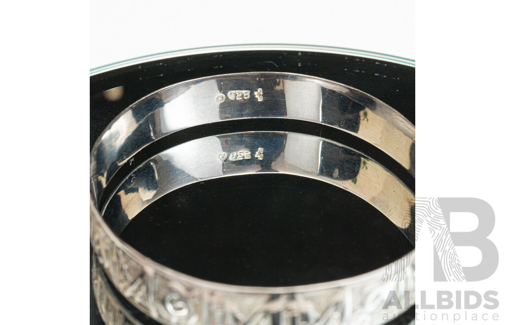 Sterling Silver Oval Embossed Patterned Bangle with Turtle & Monkey Design, 65mm, 20.07 Grams