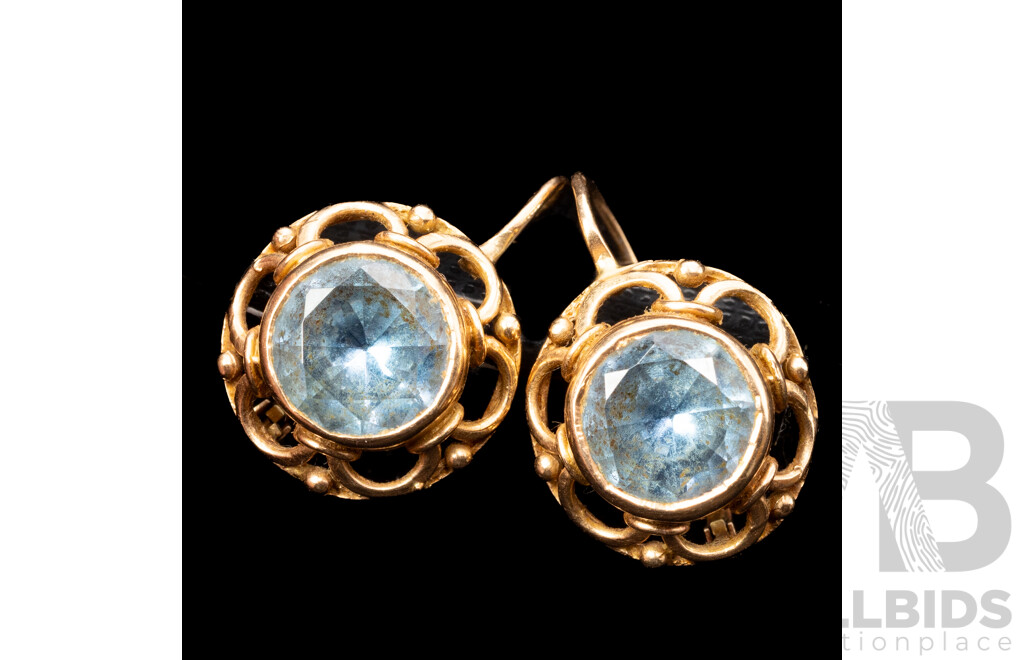 14ct Vintage Rose Gold Swiss Blue Topaz Euro Latch Hook Earrings, 4.26ct, 20mm, 4.55 Grams