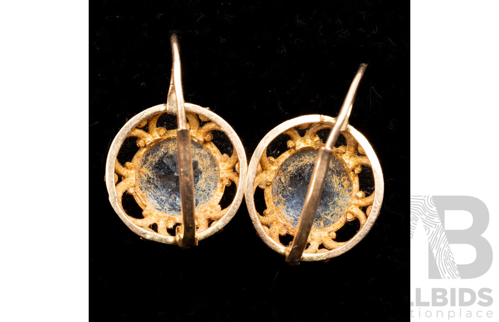 14ct Vintage Rose Gold Swiss Blue Topaz Euro Latch Hook Earrings, 4.26ct, 20mm, 4.55 Grams