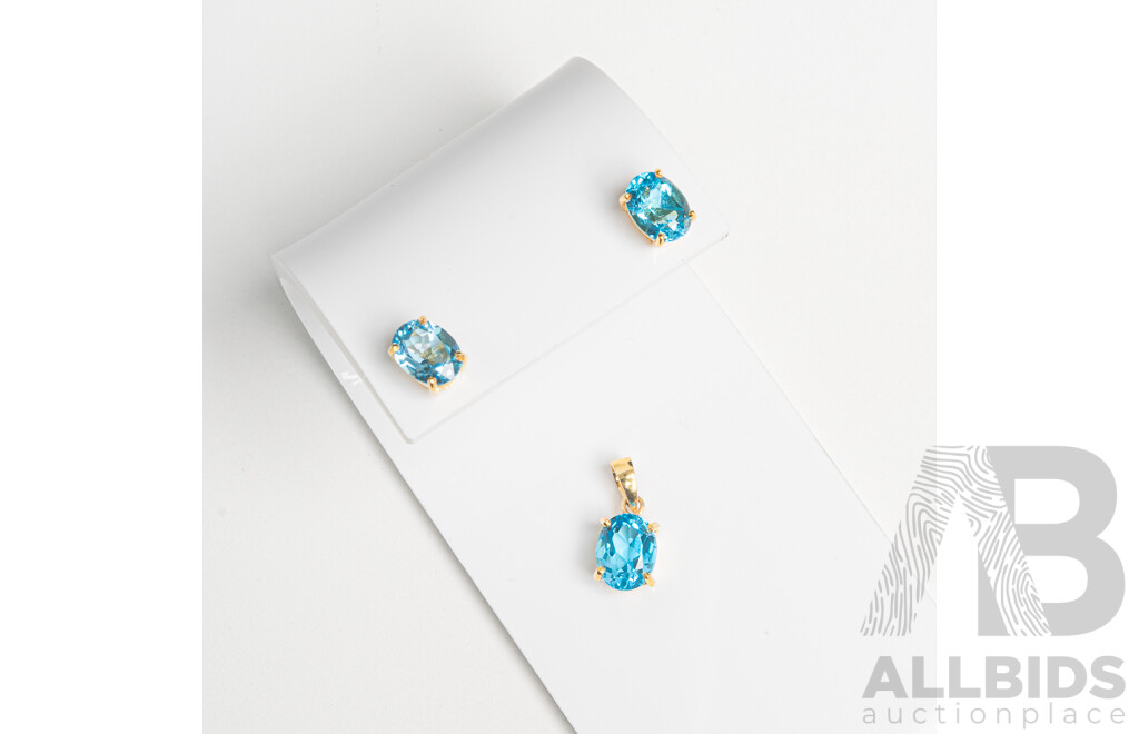 14ct Swiss Blue Topaz Pendant & Stud Earrings Set, 4.51ct, 3.02 Grams