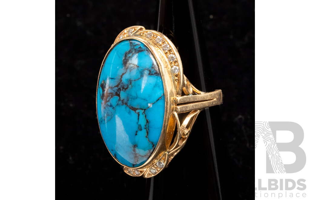 14ct Vintage Turquoise & White Topaz Cocktail Ring, Size L, 8.92 Grams