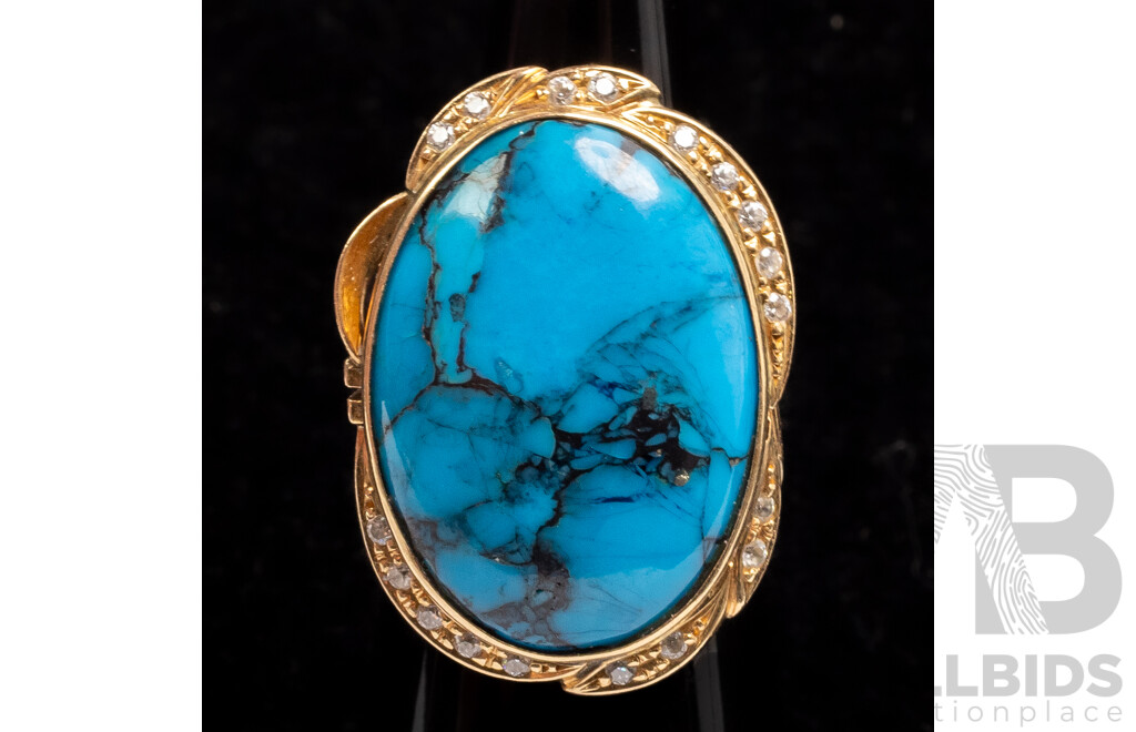 14ct Vintage Turquoise & White Topaz Cocktail Ring, Size L, 8.92 Grams
