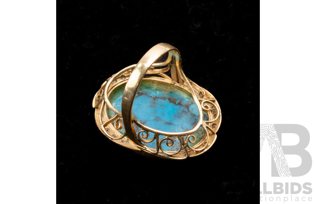 14ct Vintage Turquoise & White Topaz Cocktail Ring, Size L, 8.92 Grams