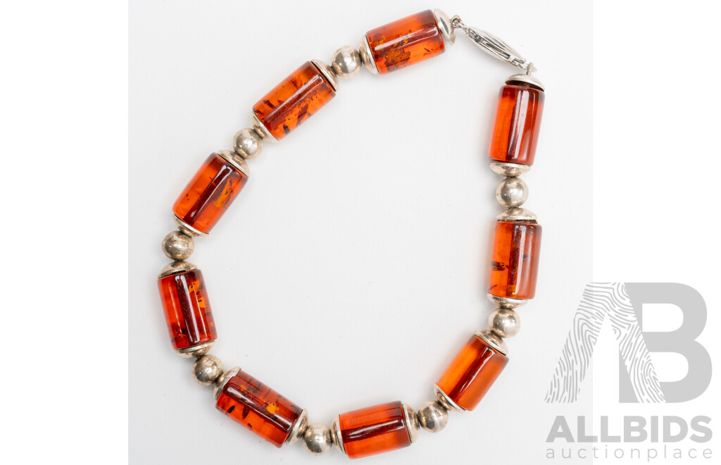 Sterling Silver Vintage Amber Bracelet with Pearl Clasp, 19cm, 10.75 Grams
