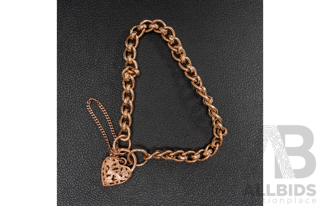 9ct Rose Gold Fancy Curb Link Bracelet with Filigree Heart Shaped Padlock Clasp, 19cm, 22.27 Grams