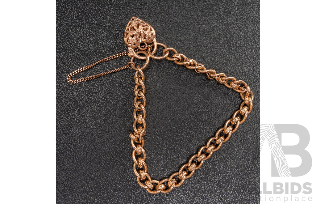 9ct Rose Gold Fancy Curb Link Bracelet with Filigree Heart Shaped Padlock Clasp, 19cm, 22.27 Grams