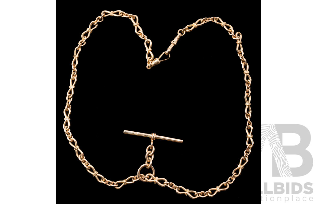 9ct Vintage Gold Fancy Link Fob Necklace with Double Albert Clasps & T-Bar Fob Pendant, 45cm, 32.87 Grams