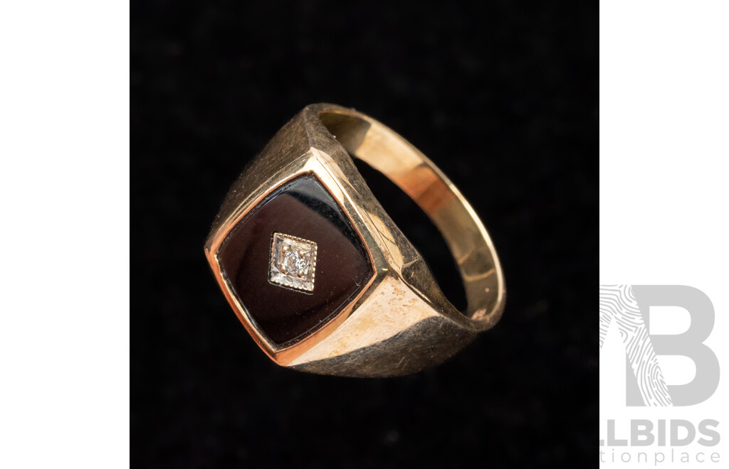 9ct Vintage Onyx & Diamond Signet Ring, TDW 0.03ct, Size U, 5.96 Grams