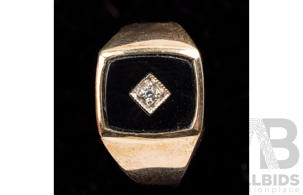 9ct Vintage Onyx & Diamond Signet Ring, TDW 0.03ct, Size U, 5.96 Grams