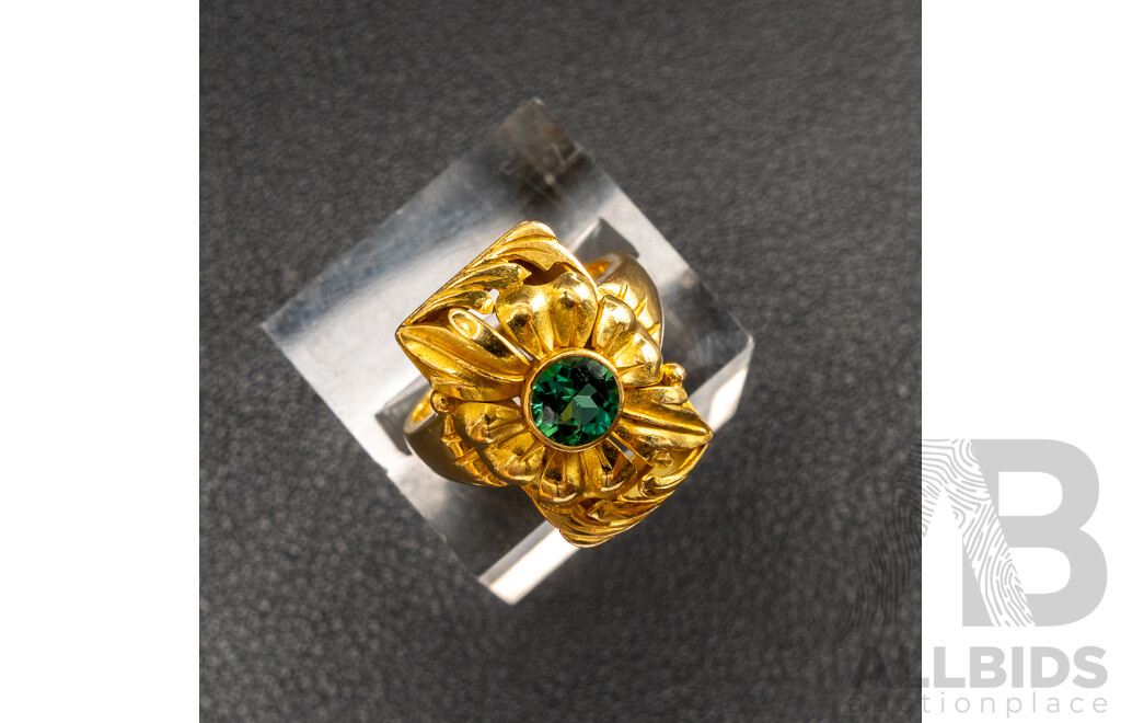 18ct Ornate Floral Design Green Tourmaline Ring, 0.58ct, Size L, 9.82 Grams