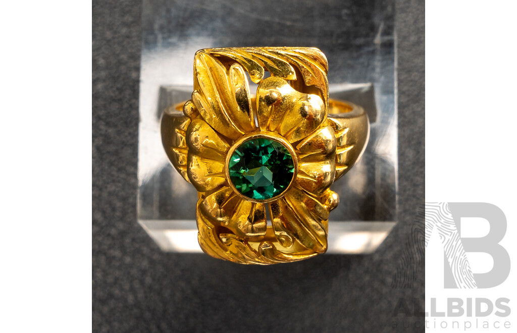 18ct Ornate Floral Design Green Tourmaline Ring, 0.58ct, Size L, 9.82 Grams