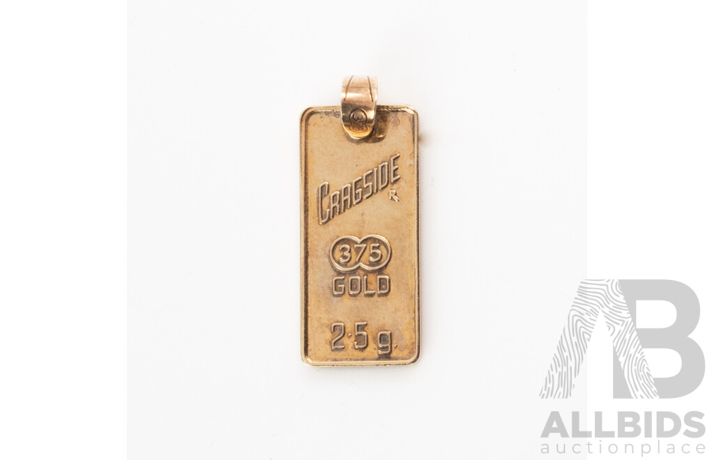 9ct Cragside 2.5g 375 Gold Ignot Pendant, Hallmarked with Taurus Bull Symbol on Reverse, 20mm Long, 2.82 Grams