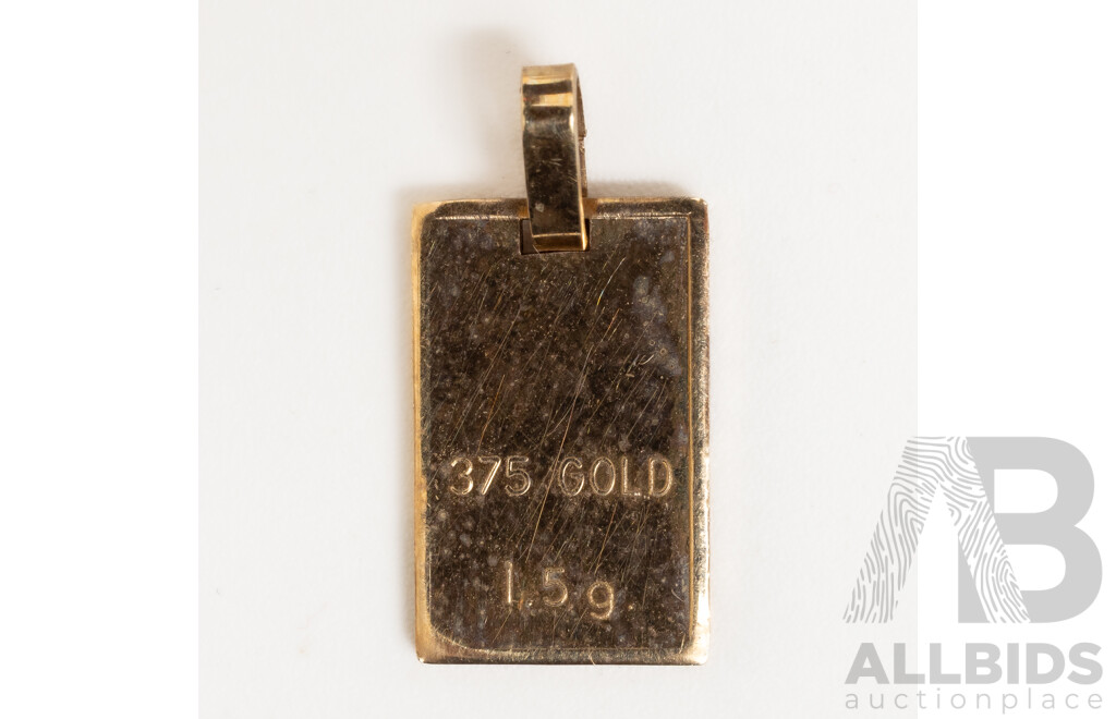 9ct 1.5g 375 Gold Ignot Pendant, Hallmarked with Grecian Man with Urn Symbol on Reverse, 14mm Long, 1.56 Grams