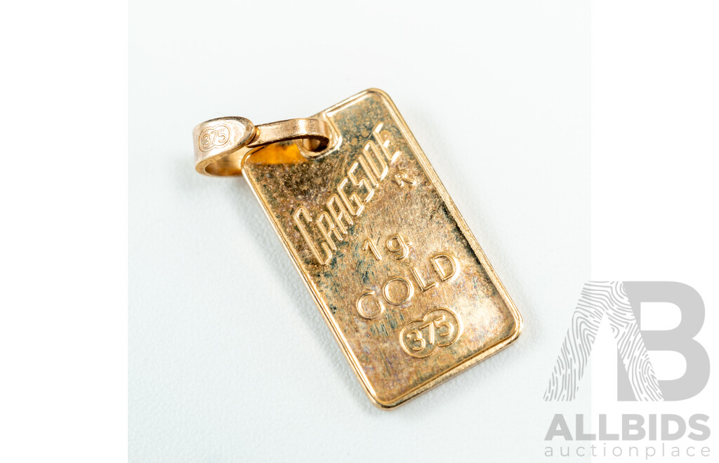 9ct Cragside 1g 375 Gold Ignot Pendant, Hallmarked with Bull Symbol on Reverse, 15mm Long, 1.25 Grams