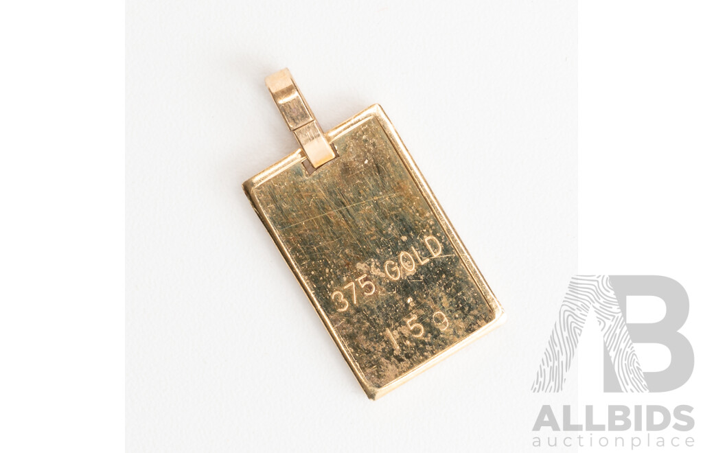 9ct 1.5g 375 Gold Ingot Pendant, Hallmarked with Crab Symbol on Reverse, 14mm Long, 1.59 Grams