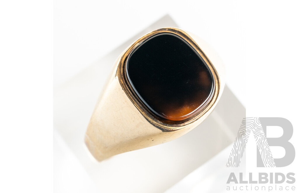 9ct Vintage Inlaid Onyx Signet Ring, Size W, 5.20 Grams