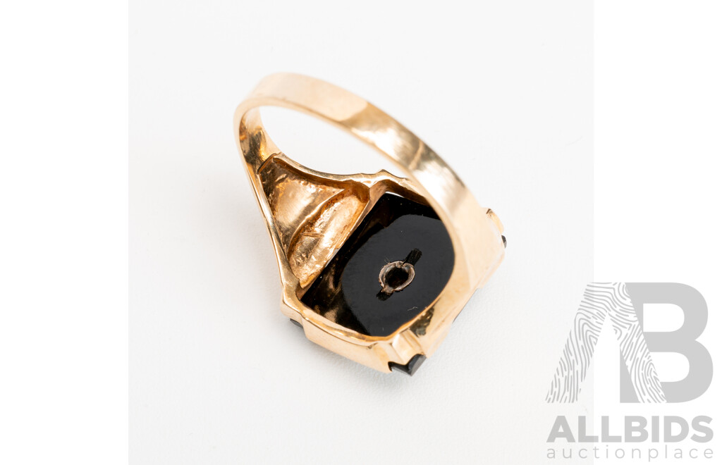 10ct Vintage Onyx & Diamond Ring, Size R, 4.23 Grams