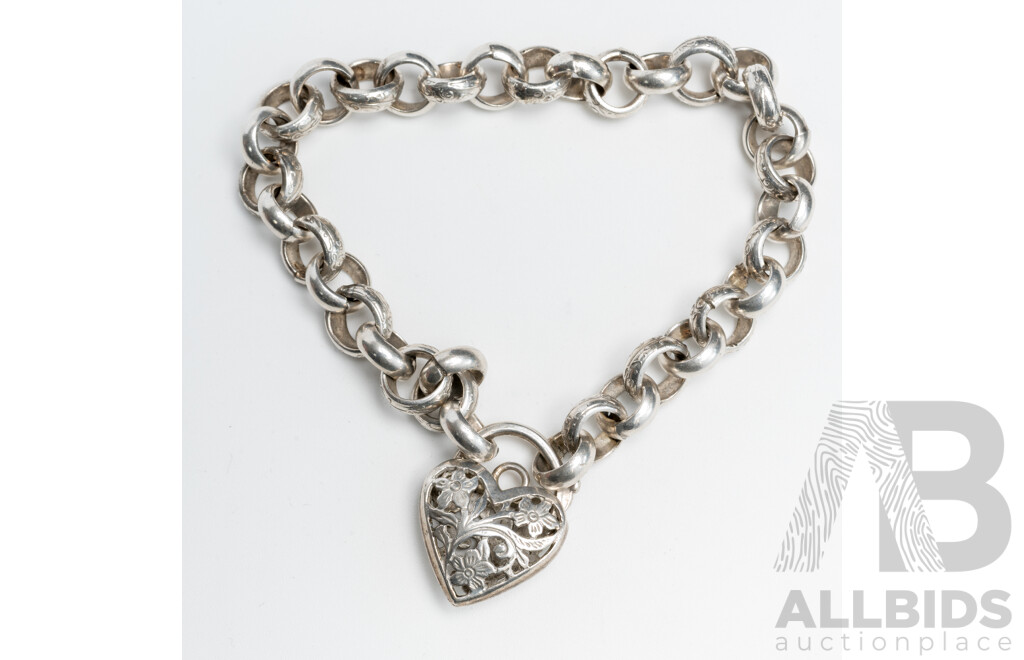 Sterling Silver Patterned Belcher Link Bracelet with Filigree Heart Padlock Clasp, 20cm, 41.53 Grams