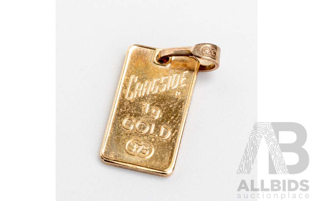 9ct Cragside 1g 375 Gold Ignot Pendant, Hallmarked with Goat Head Symbol on Reverse, 15mm Long, 1.37 Grams