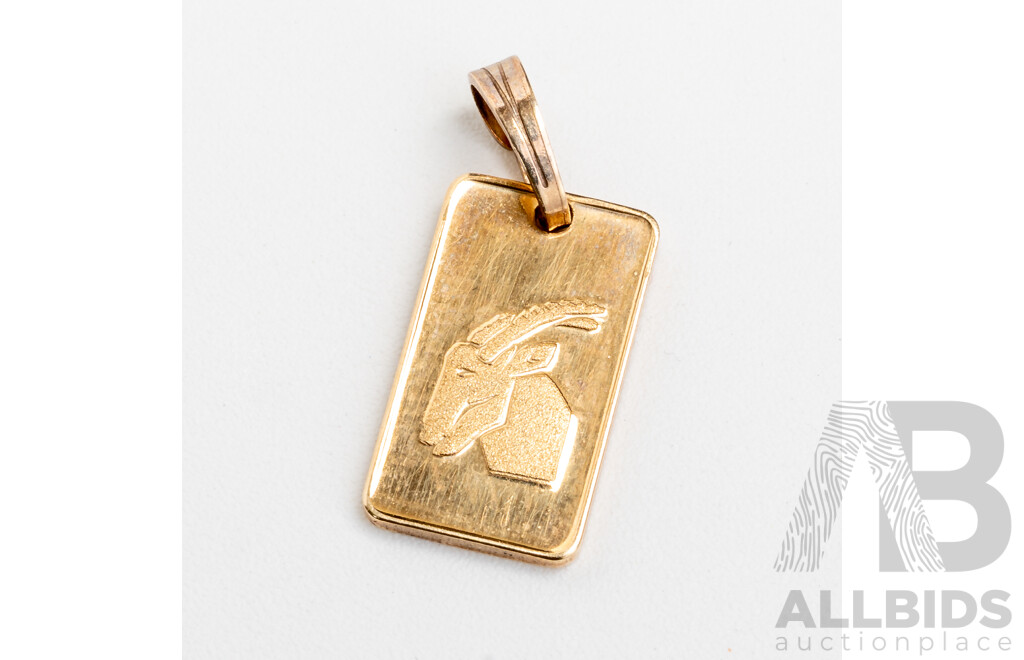 9ct Cragside 1g 375 Gold Ignot Pendant, Hallmarked with Goat Head Symbol on Reverse, 15mm Long, 1.37 Grams
