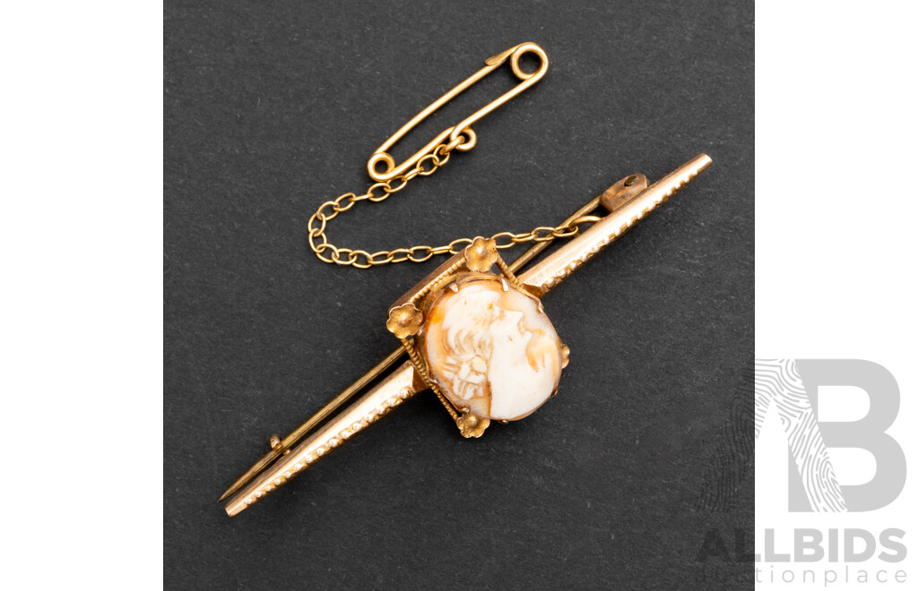 9ct Vintage Carved Shell Cameo Bar Brooch, 50mm, 3.64 Grams