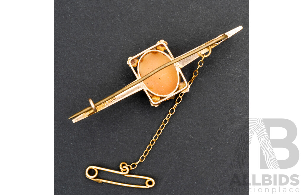 9ct Vintage Carved Shell Cameo Bar Brooch, 50mm, 3.64 Grams