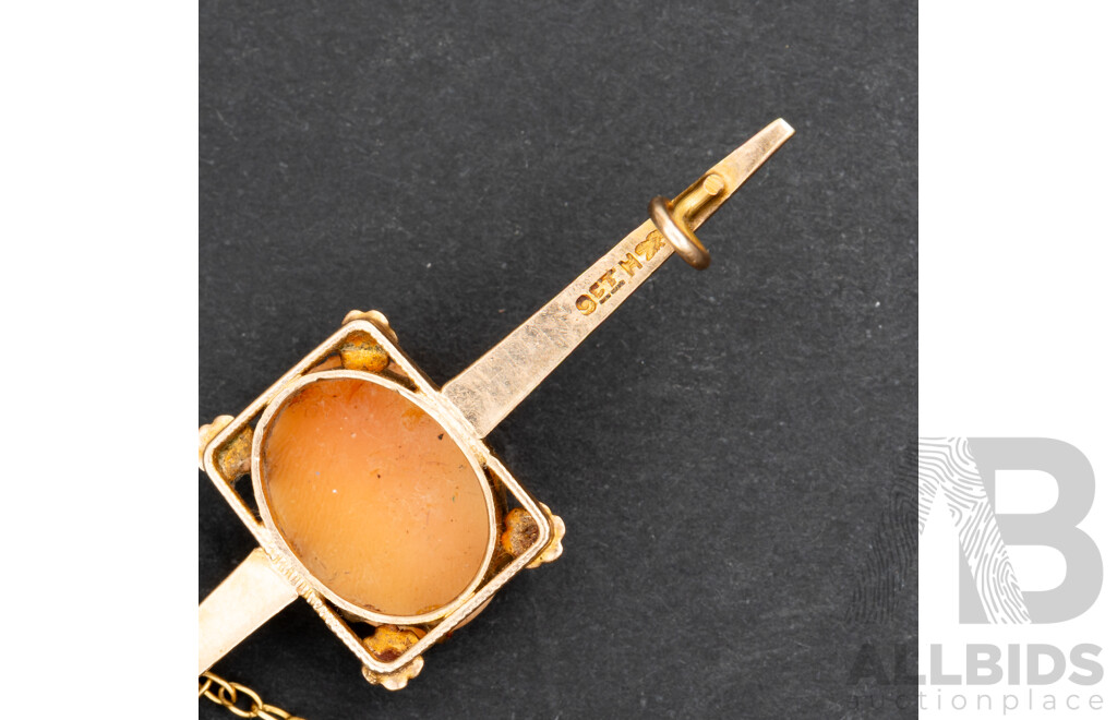 9ct Vintage Carved Shell Cameo Bar Brooch, 50mm, 3.64 Grams