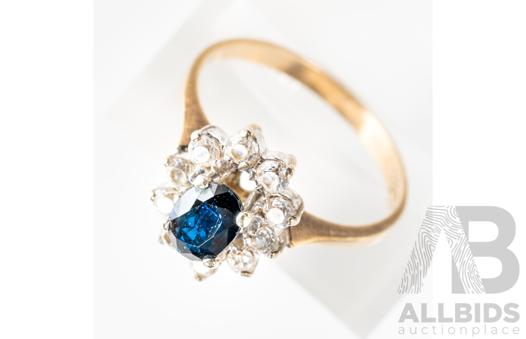 9ct Vintage Sapphire Halo Ring, Size M, 2.31 Grams