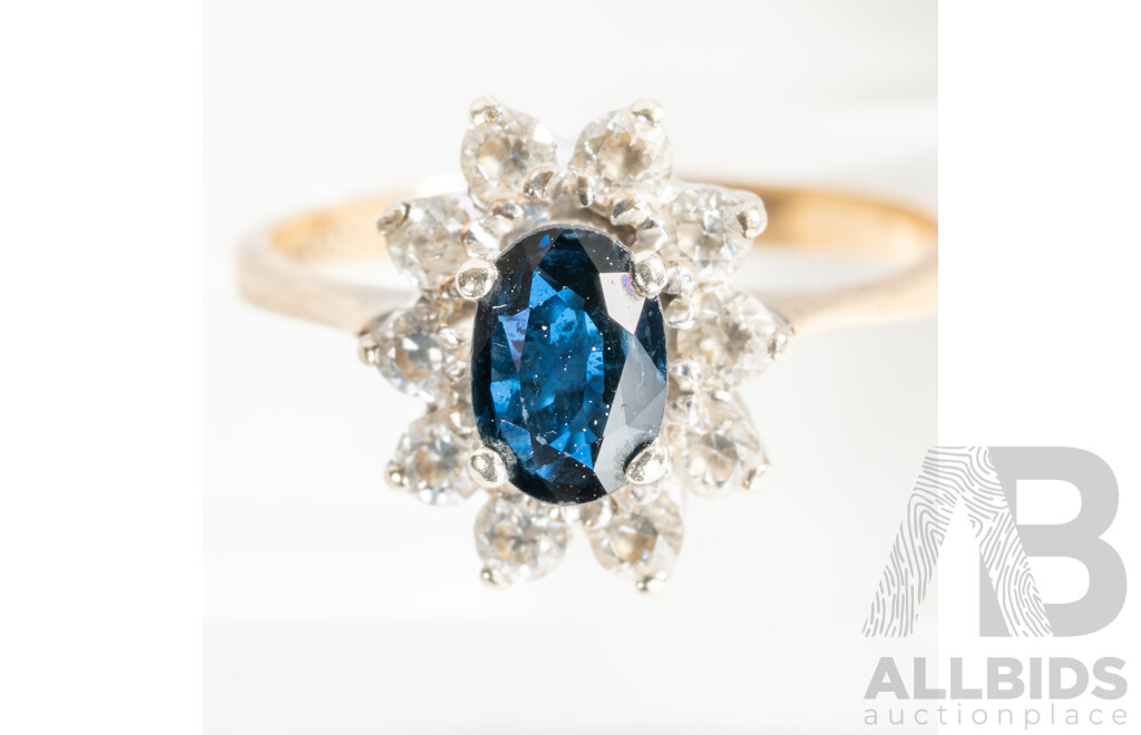 9ct Vintage Sapphire Halo Ring, Size M, 2.31 Grams