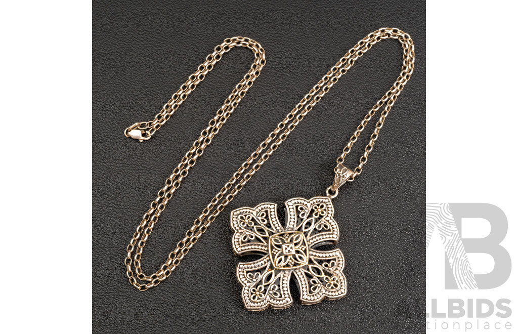 Najo Sterling Silver Ornate Cross Pendant & Chain, 76cm, 29.10 Grams