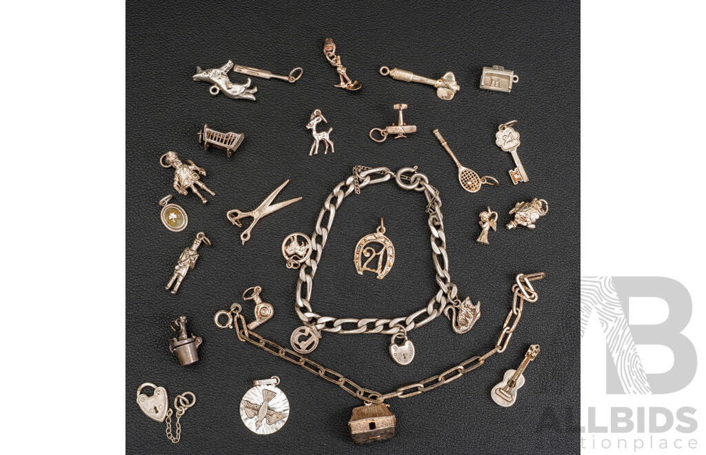 Collection of Vintage Sterling Silver (27) Charms & (2) Vintage Bracelets, 67.51 Grams
