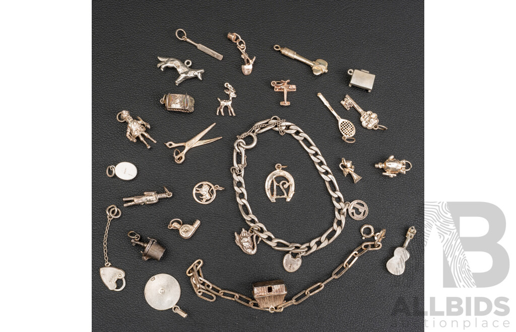 Collection of Vintage Sterling Silver (27) Charms & (2) Vintage Bracelets, 67.51 Grams