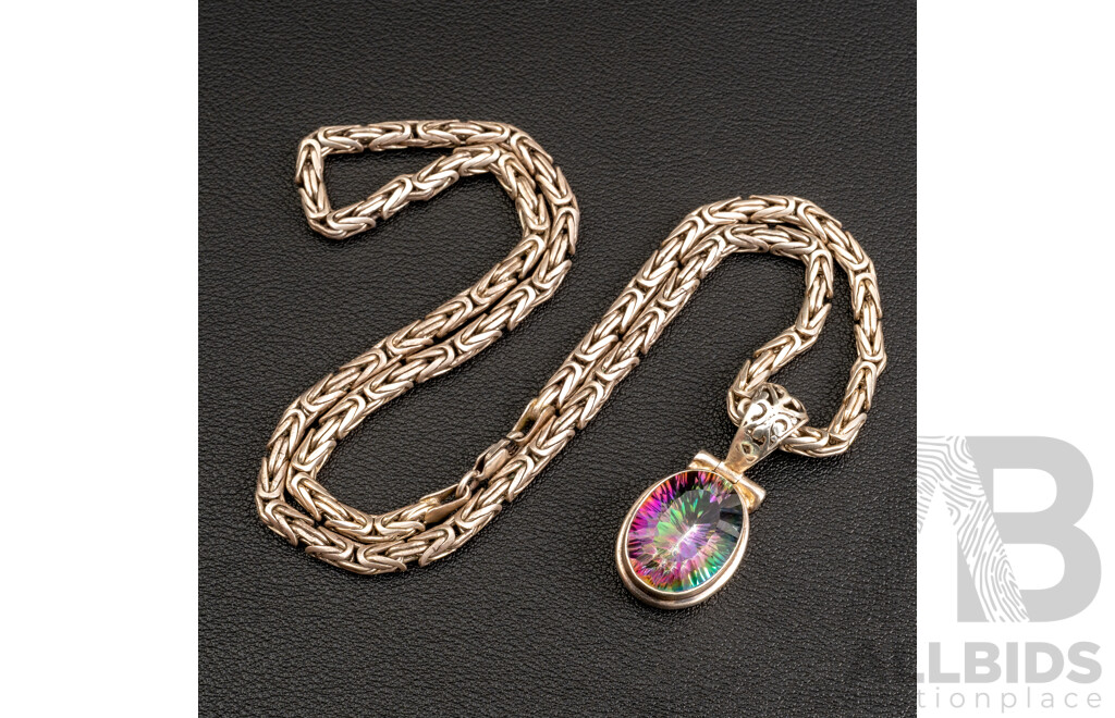 Ornate Sterling Silver Necklace with Mystic Topaz Pendant, 55cm, 57.12 Grams